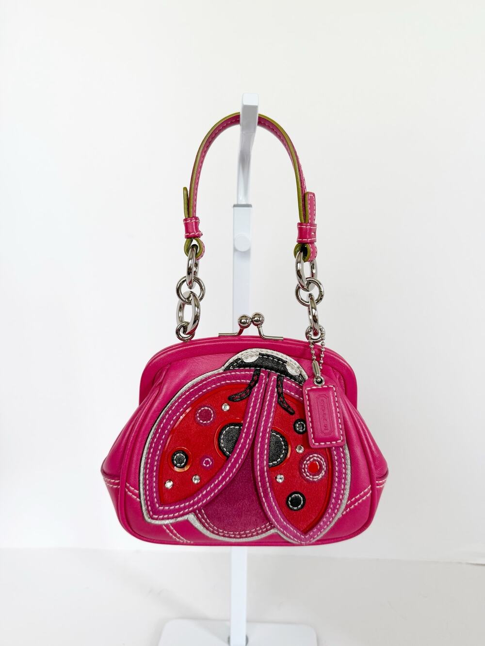 Coach Ladybug Kiss Lock Micro Handbag Pink Leather Appliqué Rhinestone Purse Y2K